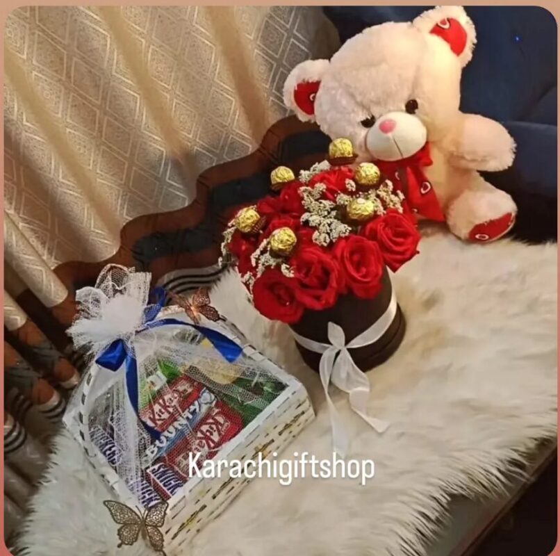 Gift basket with chocolates, teddy bear, and fresh roses – KarachiGiftShop