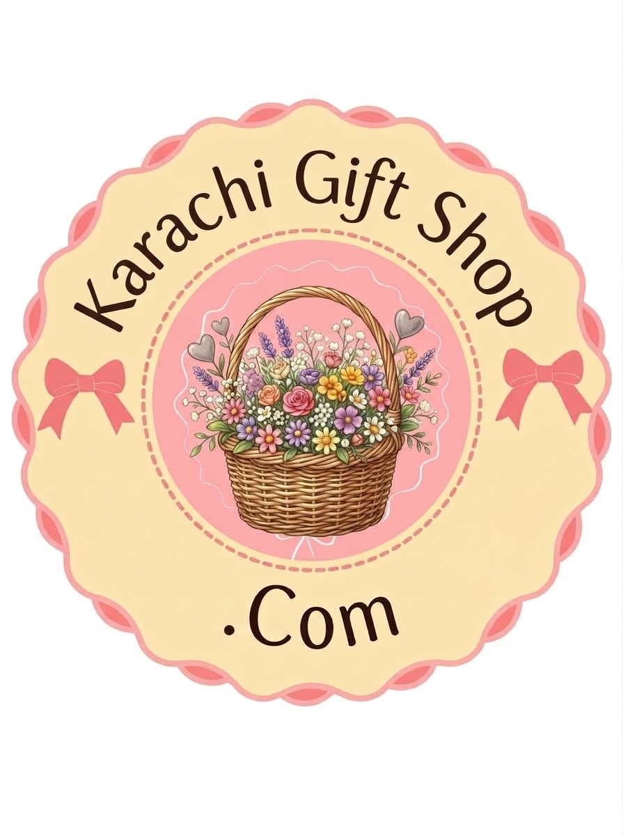 A circular cream and pink pastel logo for Karachi Gift Shop.Com featuring a center illustration of a woven basket filled with colorful flowers, surrounded by pink satin bows.